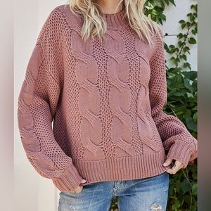 Mauve Mixed-Knit Mock Neck Sweater